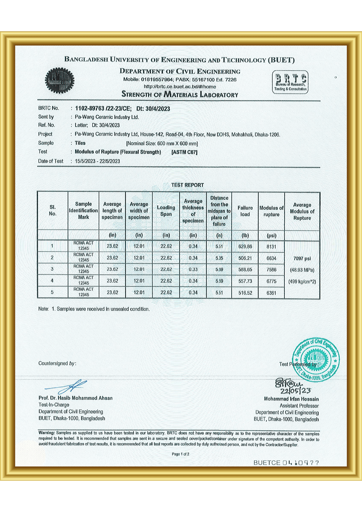 BUET-Modulus of Rupture (Flexural Strength) Test Report